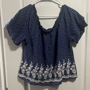 Living Doll Navy Blue Blouse with White Floral‎ Embroidery
